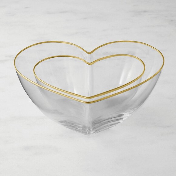 NEW Williams Sonoma Set of 2 Heart Shaped Gold Trimmed Glass Serving Bowls NIB - Picture 2 of 5